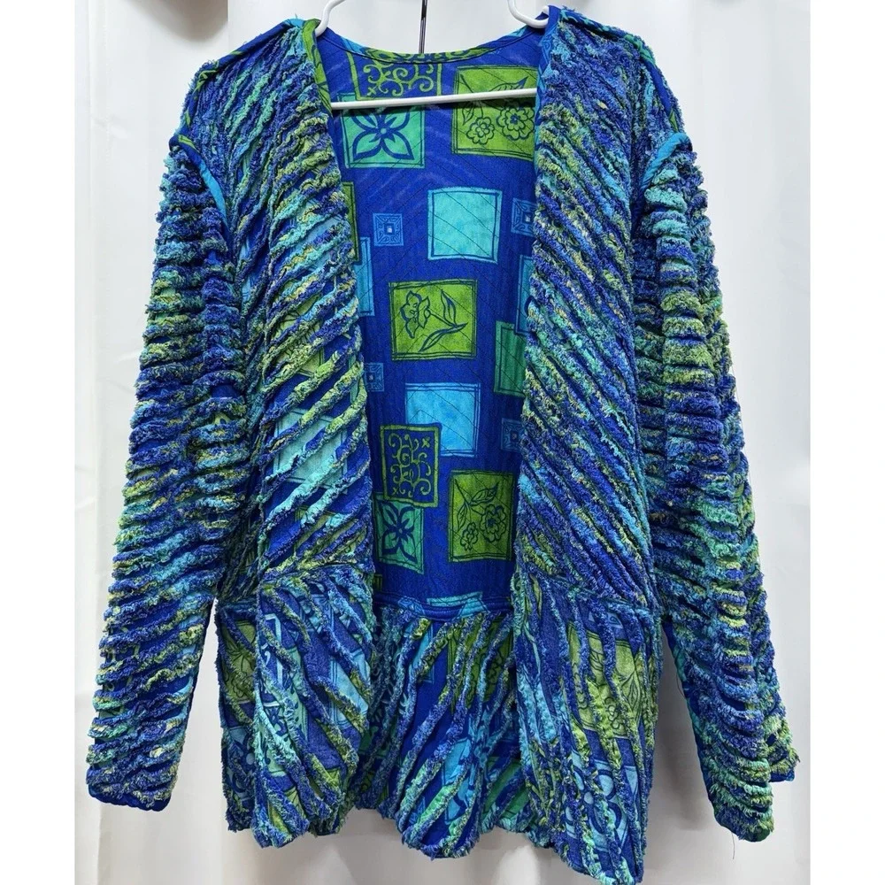 FIBER ARTIST Sz‎ L ? Shirred Floral Textile Art 2 Wear Jacket Blue Green